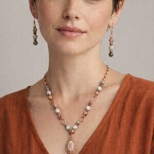 Smokey Quartz 1 1/2" Cabochon Necklace Pendant Earrings 20" Copper Clay Bezel